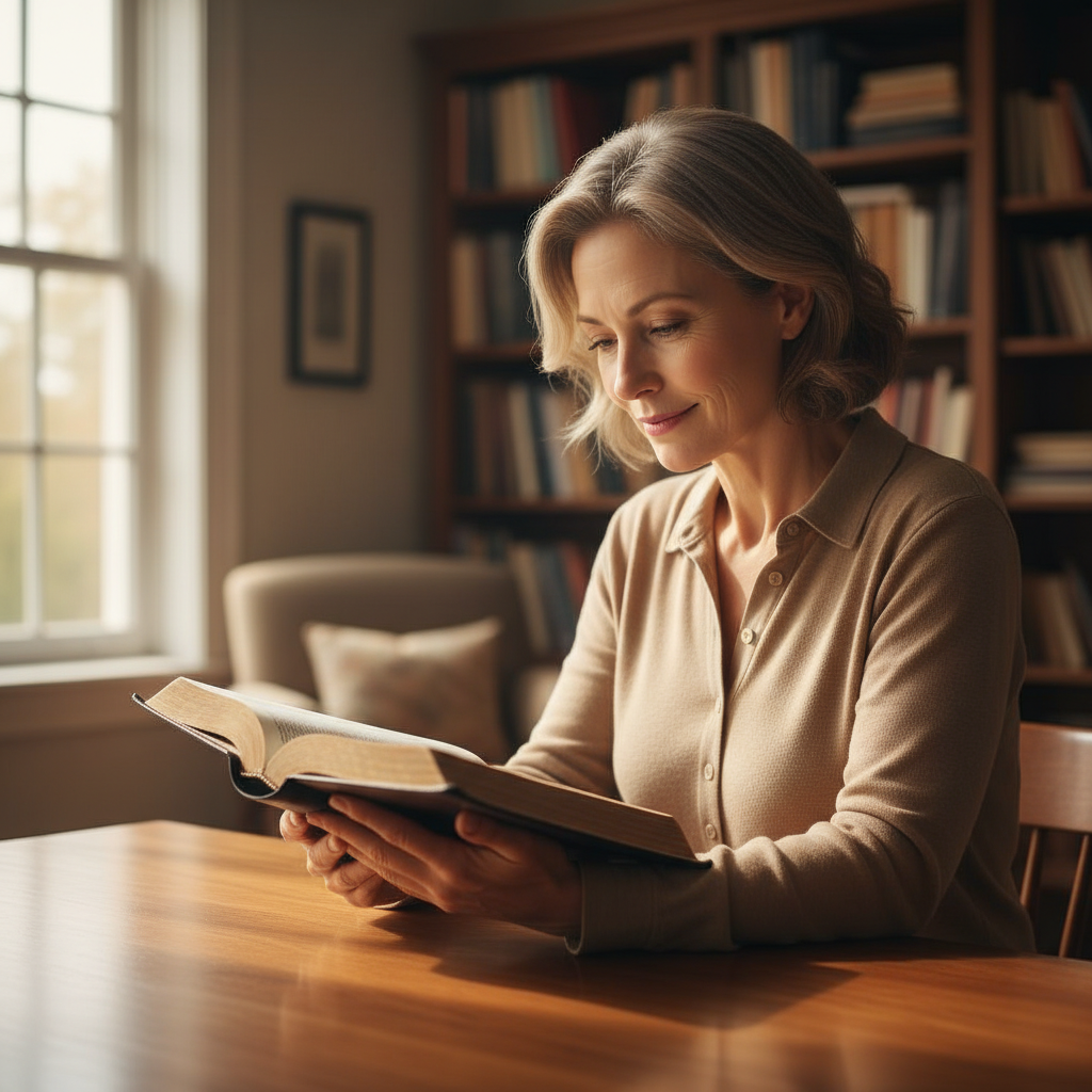 A serene woman studying an open Bible in soft, warm light, conveying deep contemplation.