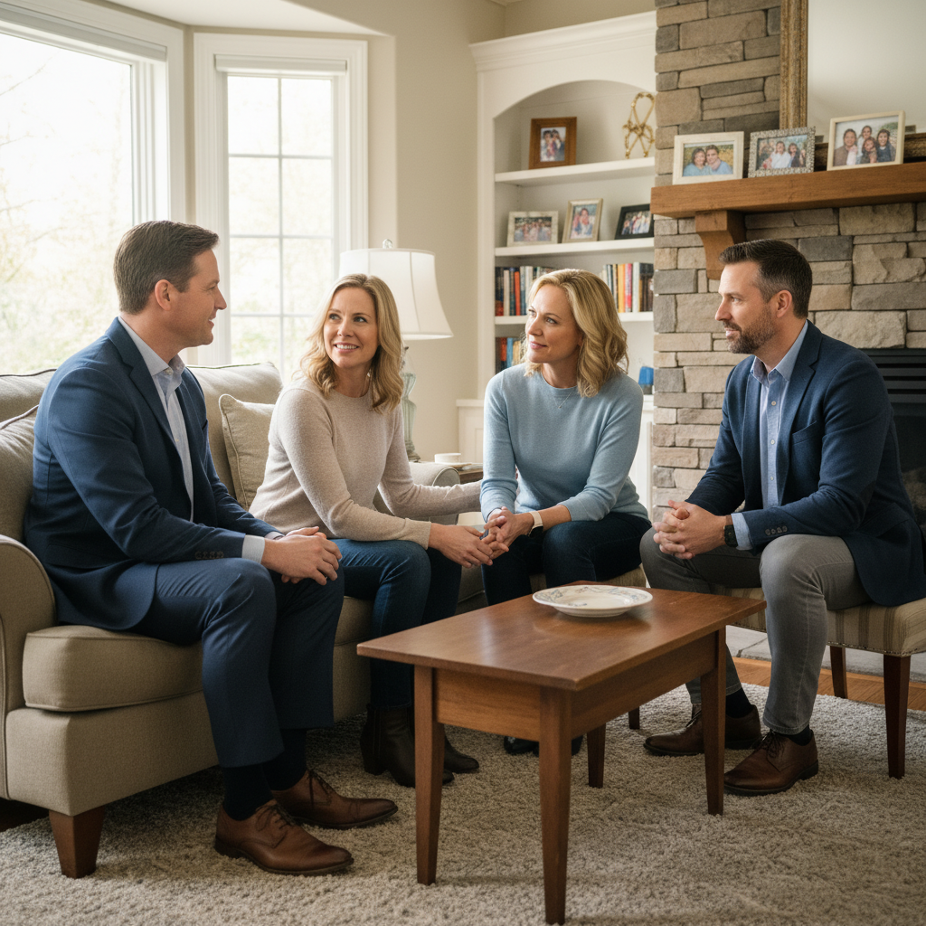 A small group of friends engaged in quiet, empathetic conversation in a warm home setting.