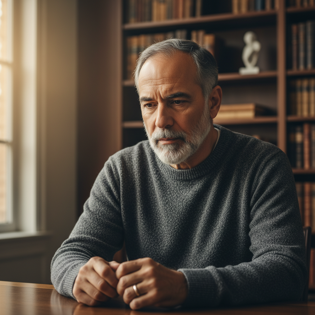 A thoughtful man with a contemplative and somber expression reflecting on a profound spiritual question in a quiet study.