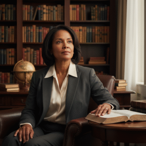 A thoughtful person in a professional study contemplating an open Bible.