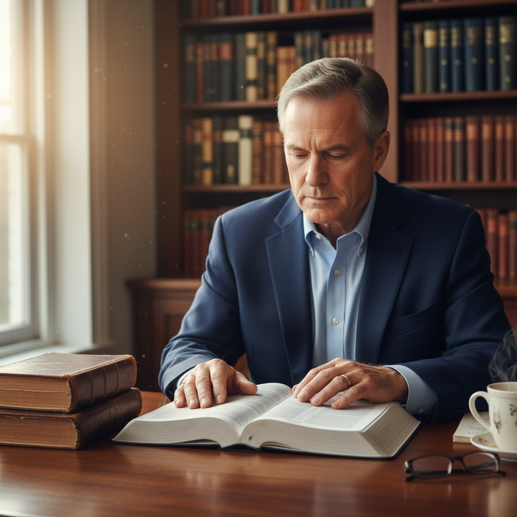 A thoughtful scholar or pastor intently studying a Bible at a desk in a quiet library setting.
