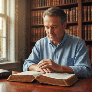A wise-looking man intently studying an open Bible in a quiet, book-filled study, conveying deep biblical reflection.