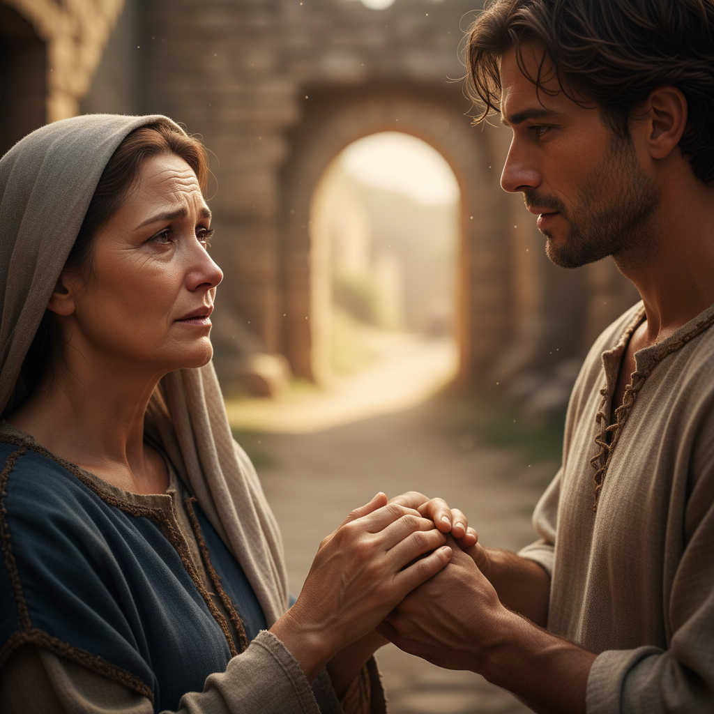 A woman and a younger man share a tender, understanding gaze, symbolizing care and entrustment.