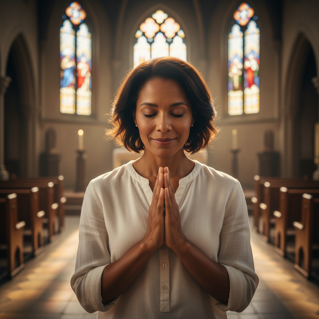 A woman in a posture of humble and heartfelt worship.