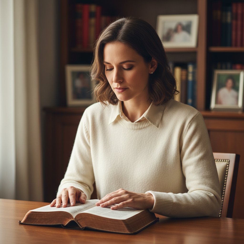 A woman in deep spiritual reflection, gently holding an open Bible in a warmly lit study.