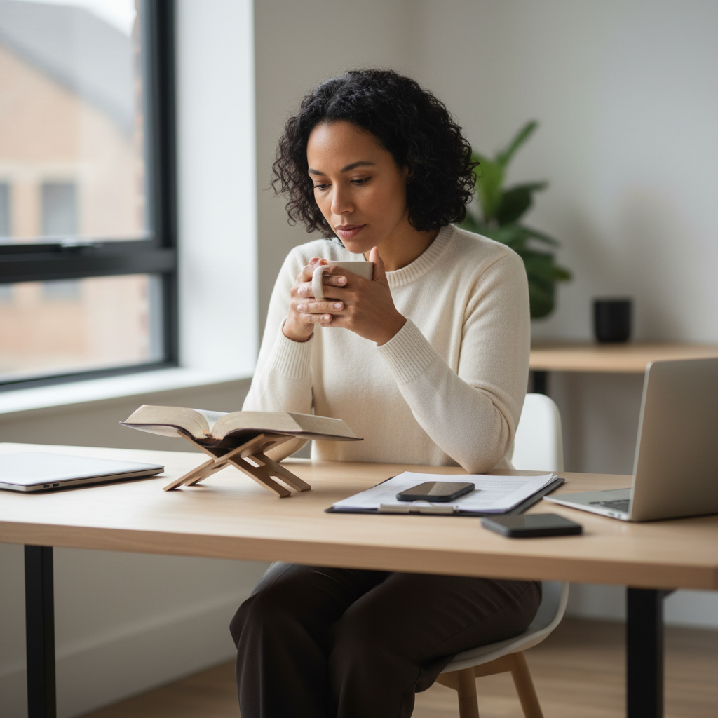 A woman intently reading an open Bible on a clean desk, with blurred modern distractions like a laptop and smartphone in the background.