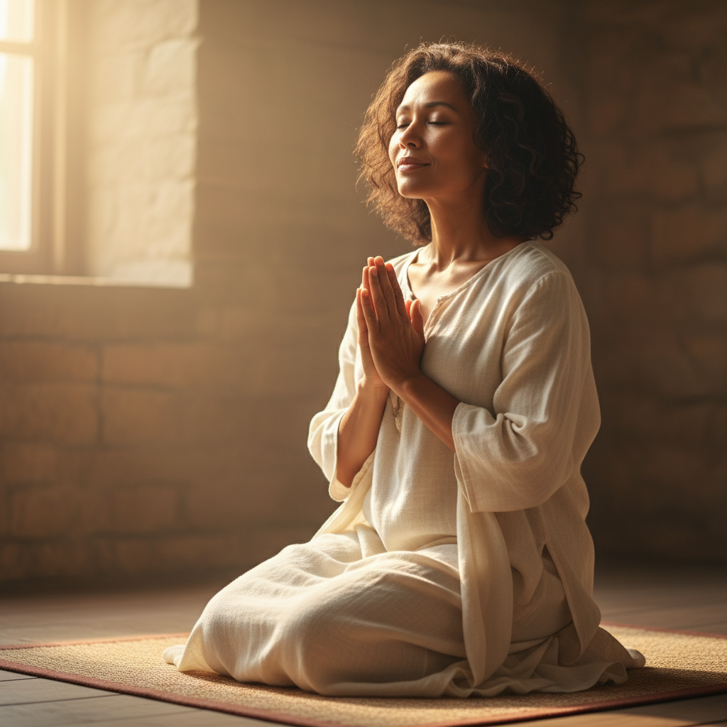 A woman kneeling in prayer, her face reflecting deep hope and inner peace, bathed in soft golden light.
