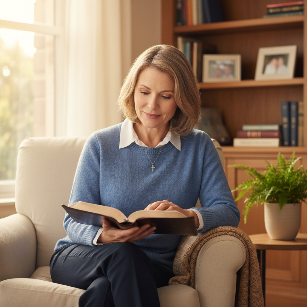 A woman quietly reading an open Bible in a warmly lit living room, deep in thought.