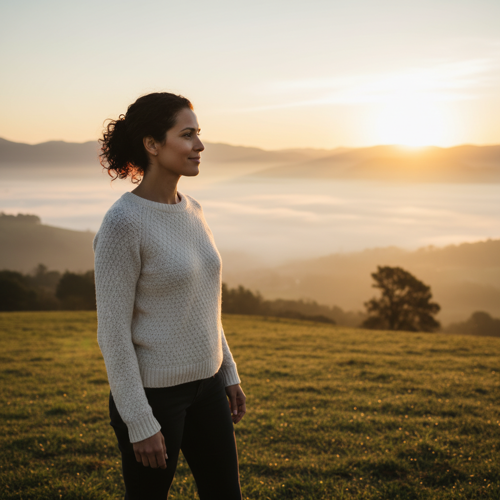A woman stands at sunrise overlooking a misty valley, her face serene and hopeful, symbolizing peace and new beginnings.