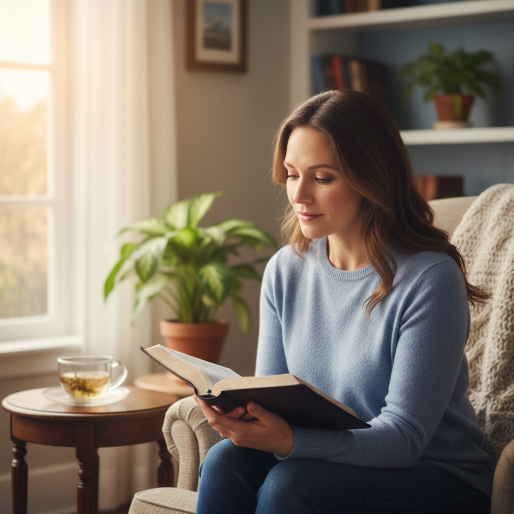 A woman thoughtfully reading a Bible in a peaceful, warmly lit room.
