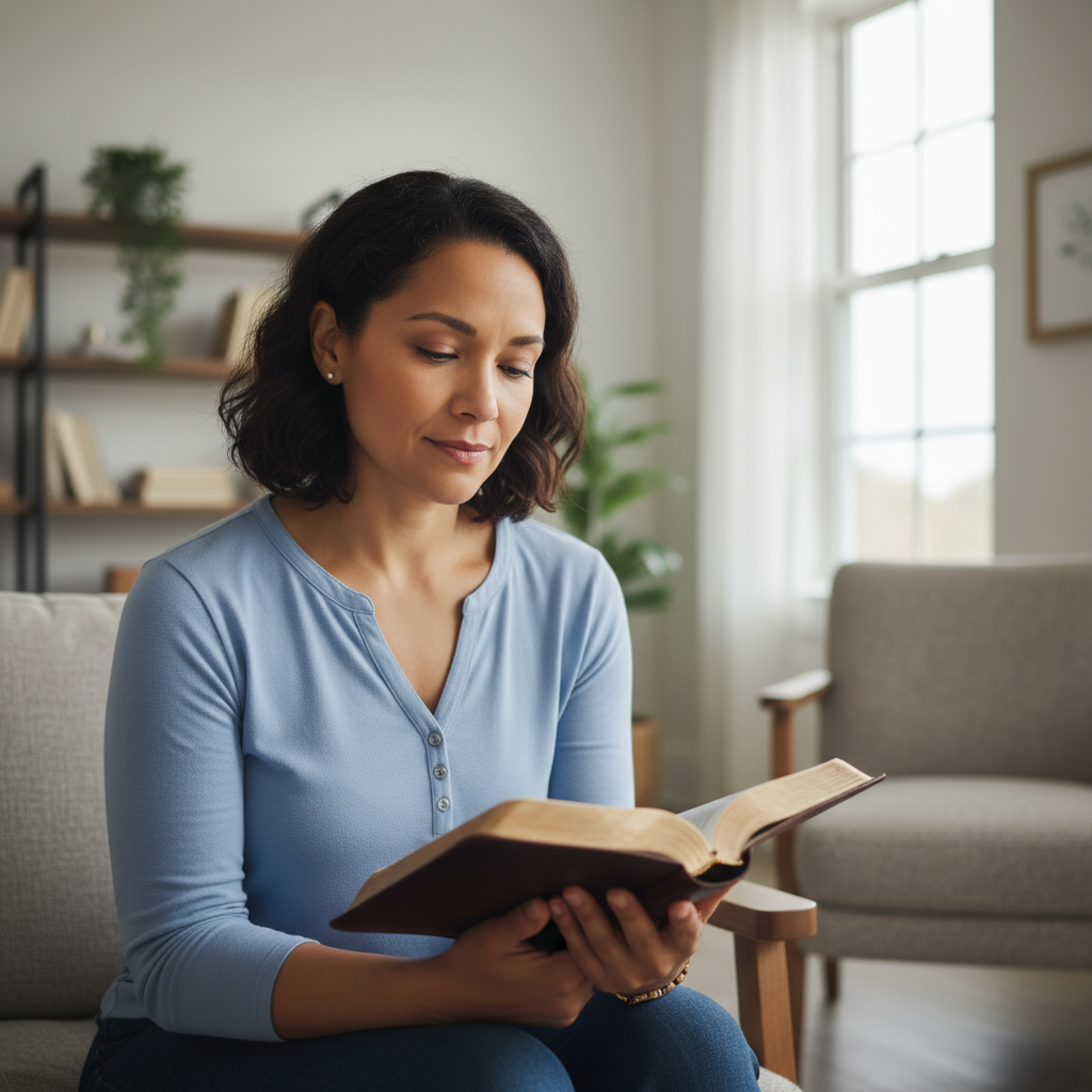 A woman thoughtfully reading an open Bible in a quiet room.