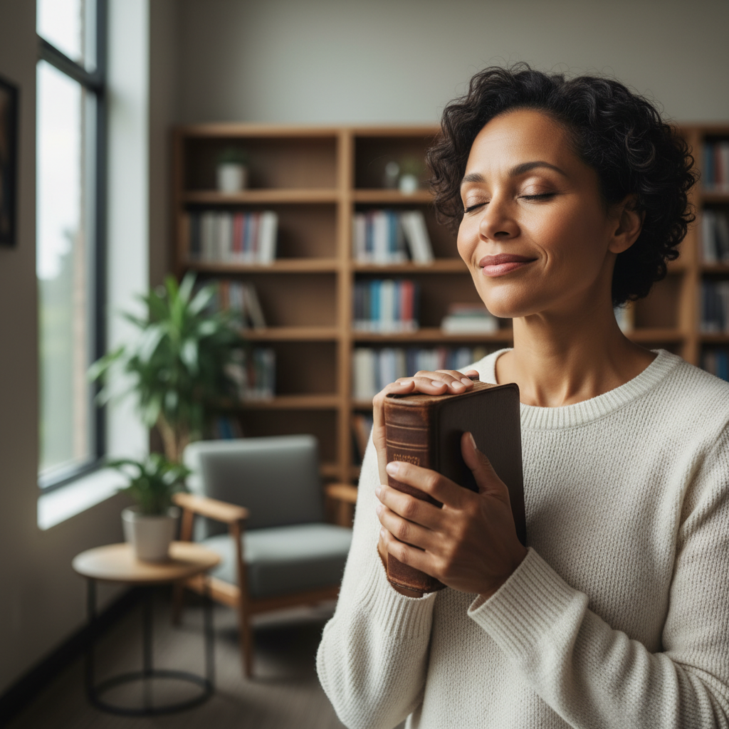 A woman with a peaceful expression, gently closing a Bible, conveying deep spiritual understanding.