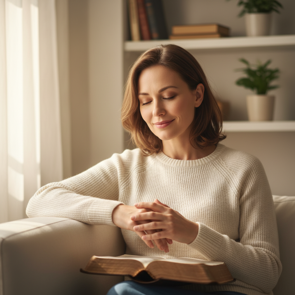 A woman with a serene expression, eyes closed in thoughtful contemplation, conveying inner peace and spiritual connection.