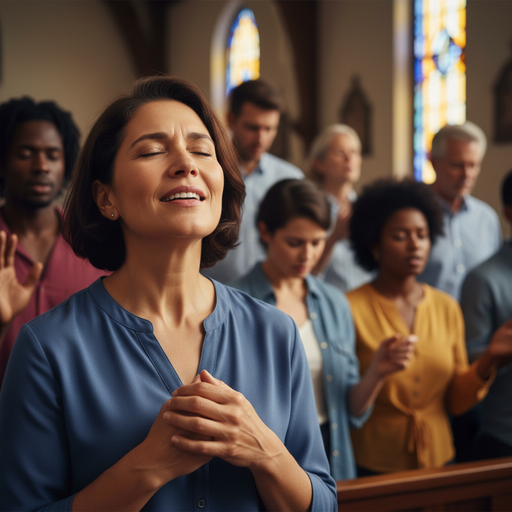 A woman with a serene expression, eyes closed, singing or praying in worship, with a blurred congregation in the background.