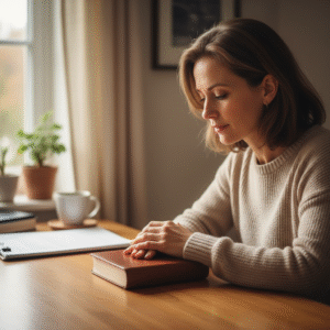 A woman with a serene expression, focused on a book, symbolizing peace and singular devotion amidst life's many tasks.