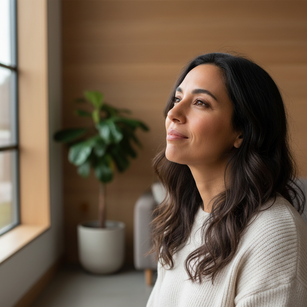 A woman with a thoughtful expression stands in soft light, symbolizing deep understanding and spiritual realization.