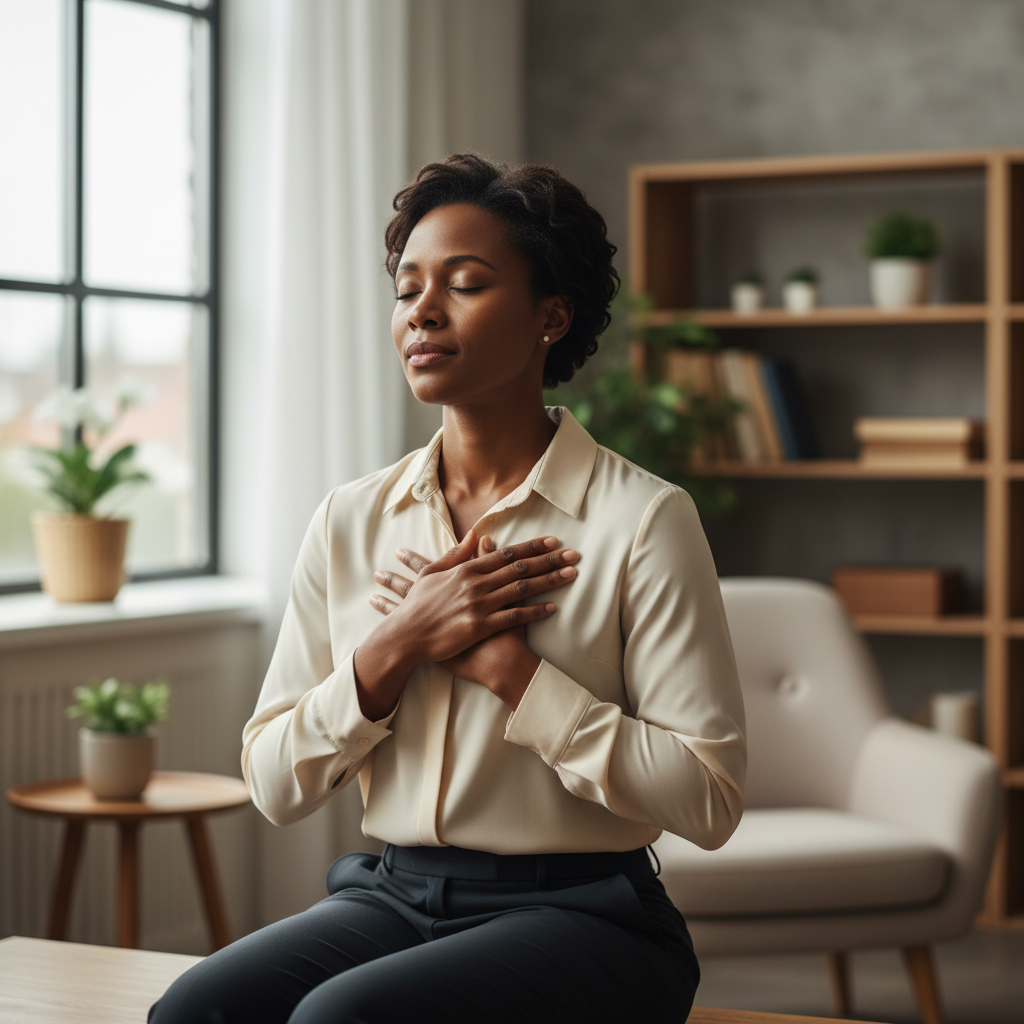 A woman with her eyes closed and hand on her heart, reflecting deeply in a peaceful setting, representing personal worship.