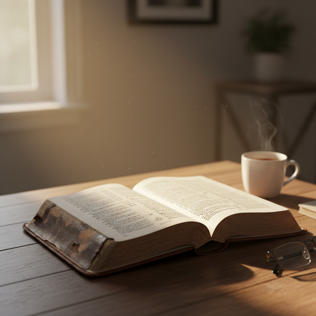 A worn Bible lies open on a table, illuminated by a beam of light.