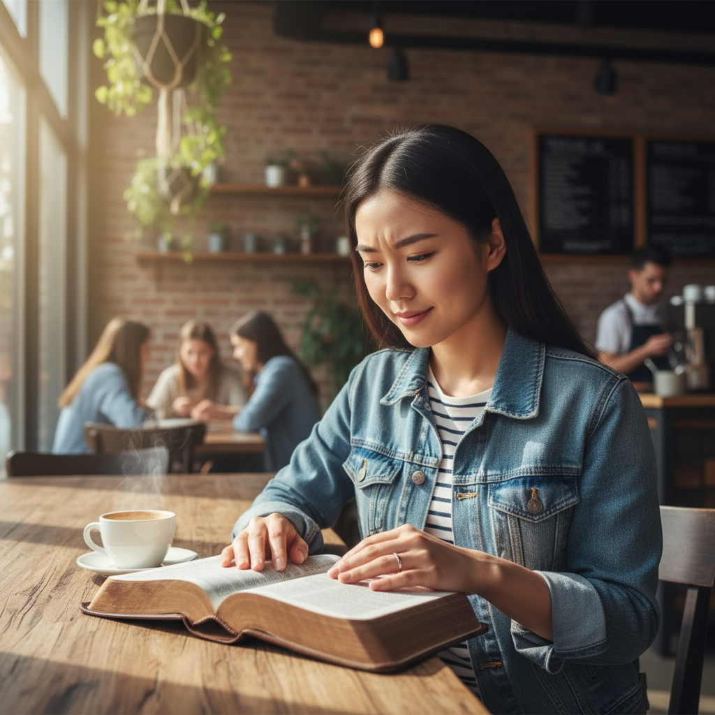 A young adult thoughtfully reading a Bible in a modern setting.