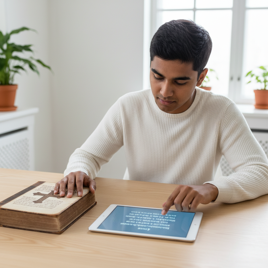 A young person thoughtfully comparing an open book with a modern tablet on a desk.
