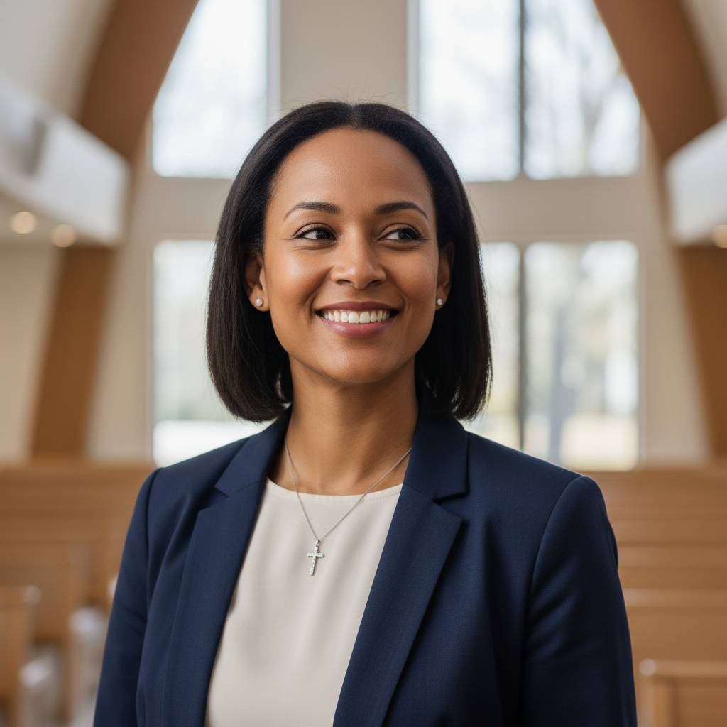 A young woman smiling gently with a look of hope and strong faith.