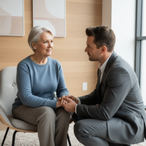 A younger man compassionately comforts an older woman, symbolizing care, support, and intergenerational responsibility.