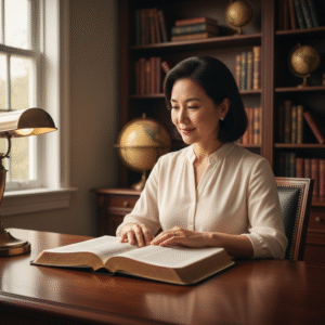 An adult individual in a quiet study, contemplating an open Bible with an expression of deep understanding and spiritual conviction.