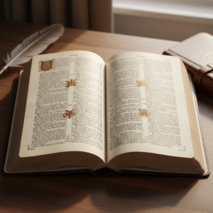 An open, antique-style Bible resting on a dark wooden desk, illuminated by soft natural light, symbolizing scriptural truth and guidance.