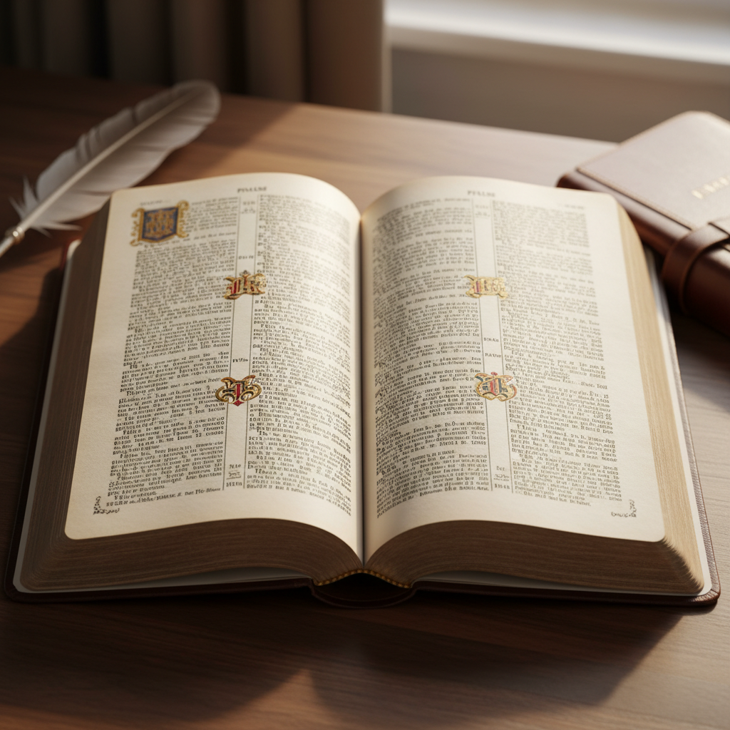 An open, antique-style Bible resting on a dark wooden desk, illuminated by soft natural light, symbolizing scriptural truth and guidance.