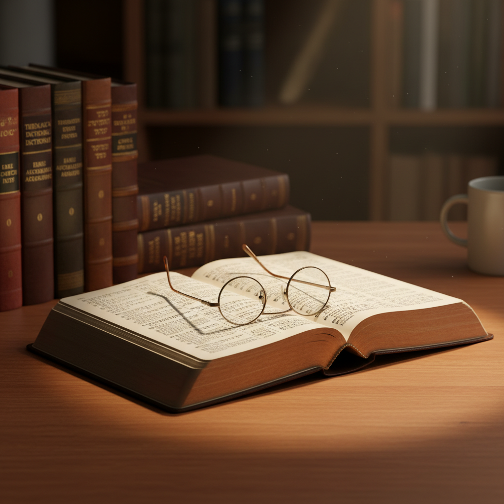 An open Bible, scholarly books, and reading glasses on a wooden desk.