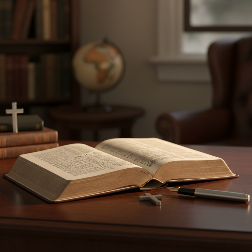 An open, leather-bound Bible resting on a wooden desk, illuminated by soft light, symbolizing scripture study.