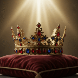 An opulent, ancient gold crown on a red velvet cushion in the foreground, contrasted by a soft, ethereal golden light in the blurred background, symbolizing the clash between earthly and heavenly kingship.