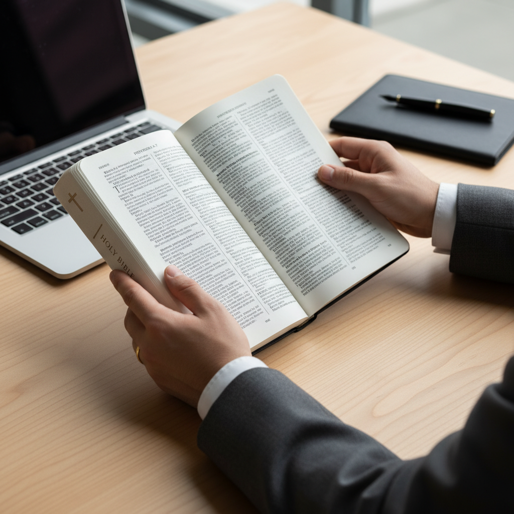 Close-up of hands in business attire turning pages of an open Bible on a professional desk.