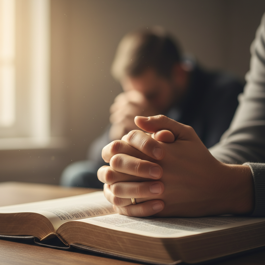 Hands clasped in prayer, with a softly blurred person in the background.