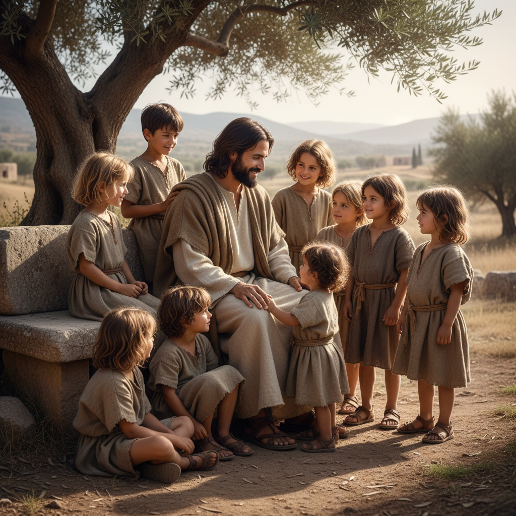Jesus Christ seated among a group of diverse children in a sun-dappled ancient landscape, conveying warmth and acceptance.