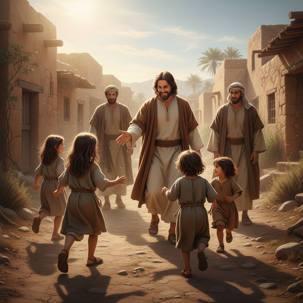 Jesus inviting a group of children to come to him, while adults look on, in a photorealistic ancient setting.