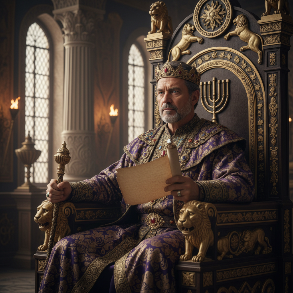 King Herod, a stern-faced man in royal robes, seated on a throne in his palace, holding a scroll.