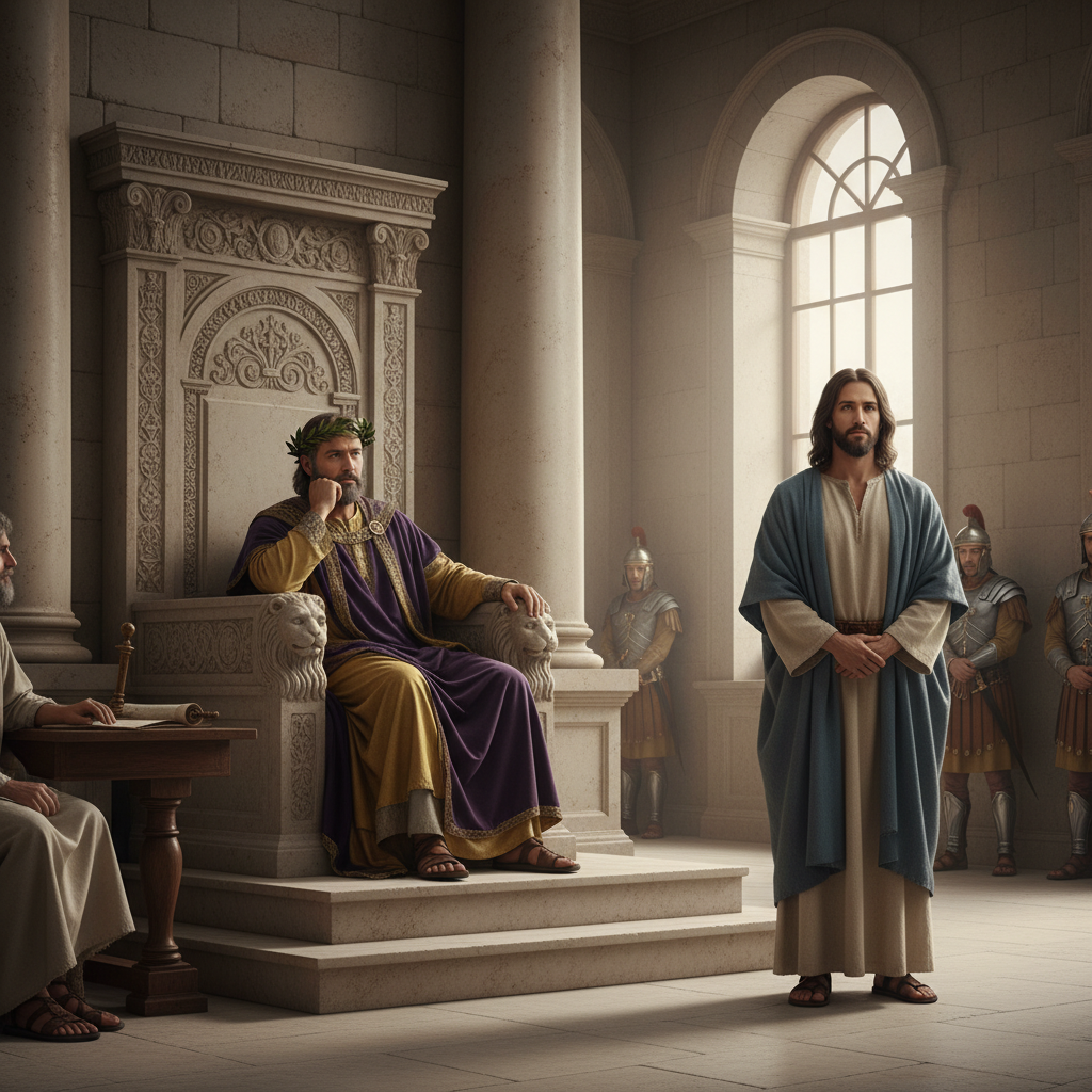 King Herod on his throne facing Jesus, who stands calmly before him, depicting the contrast between earthly and divine authority.