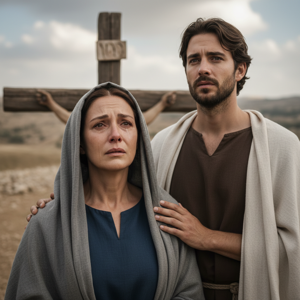 Mary, Jesus' mother, and the Apostle John stand in sorrow at the foot of the cross.