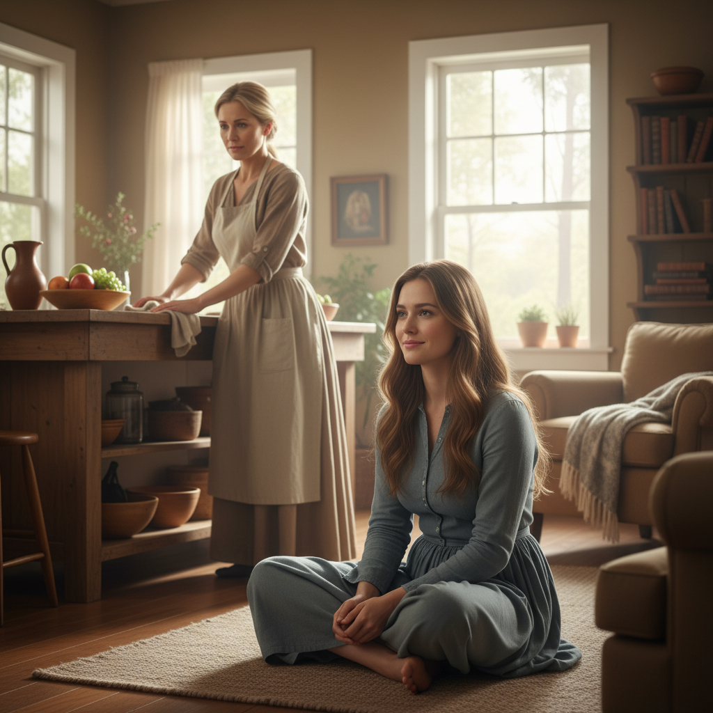 Two women in a warm, inviting home setting; one is busy with household tasks, while the other sits attentively, reflecting the story of Mary and Martha.