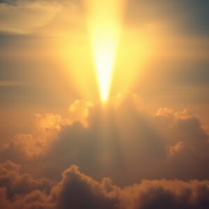 A beam of golden sunlight breaking through parted clouds in a dramatic sky, symbolizing divine revelation and the presence of Jesus Christ.