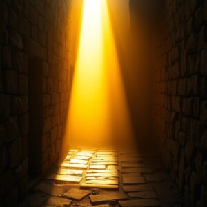 A beam of golden sunlight streaming through a stone archway illuminating dust particles on a weathered ancient pathway, symbolizing spiritual light and divine revelation in the story of healing and faith.