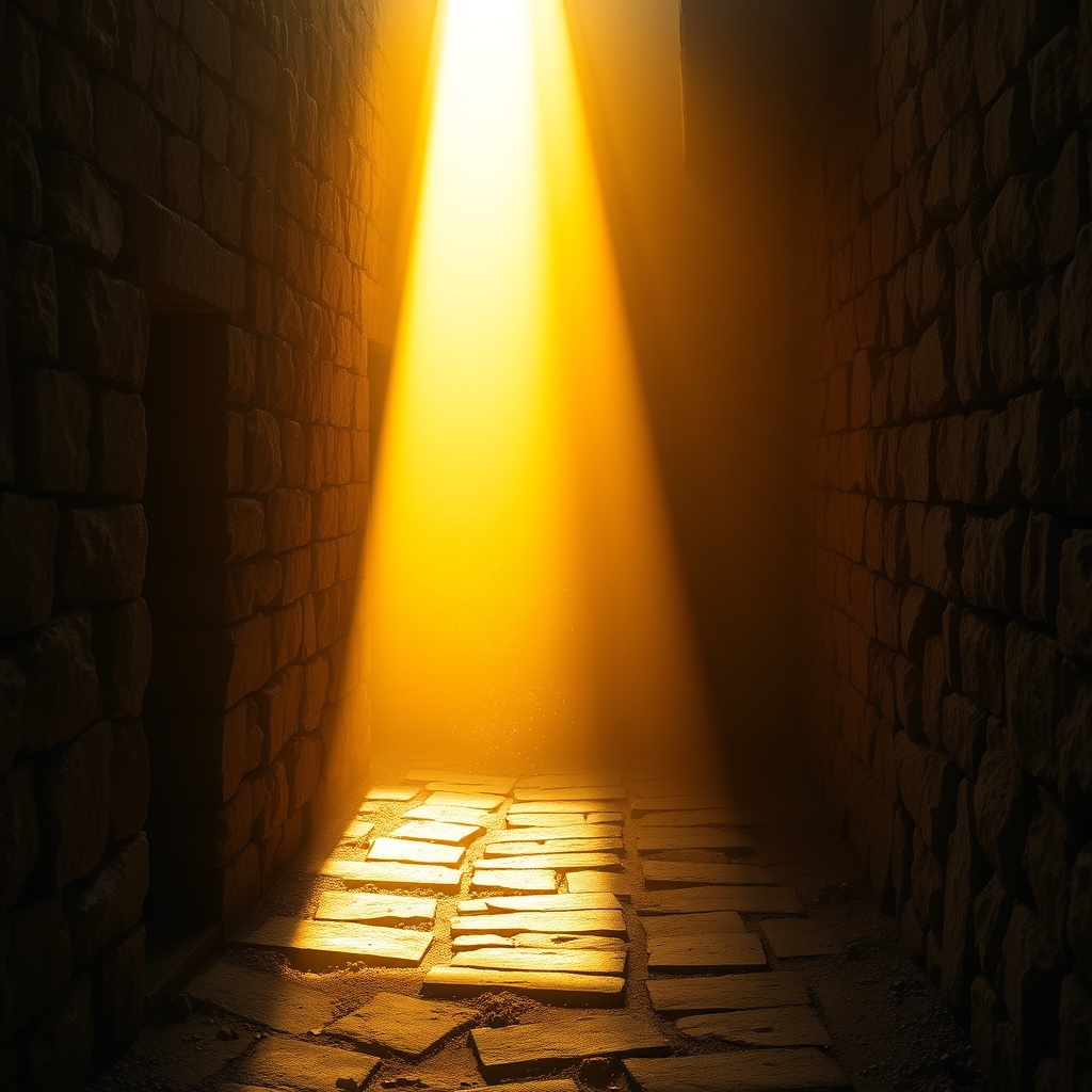 A beam of golden sunlight streaming through a stone archway illuminating dust particles on a weathered ancient pathway, symbolizing spiritual light and divine revelation in the story of healing and faith.