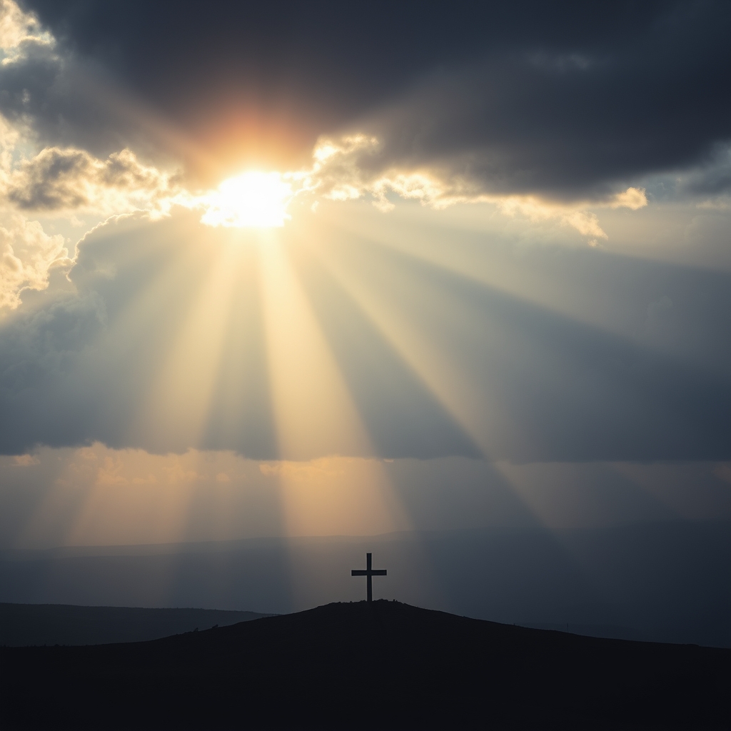 A beam of light breaking through dark clouds over a landscape with a cross silhouette.