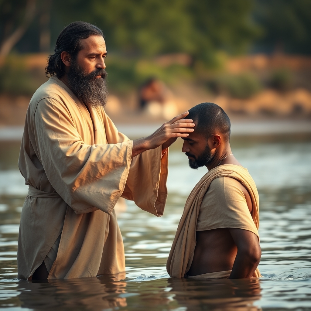 A bearded man in simple robes gently placing his hands on the shoulders of another man in a shallow river at golden hour.