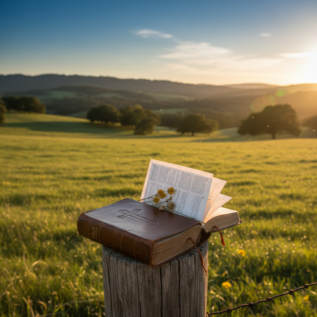 A Bible open on a wooden fence post in a sunlit field, symbolizing the authority of Scripture and the real Jesus' power over darkness.