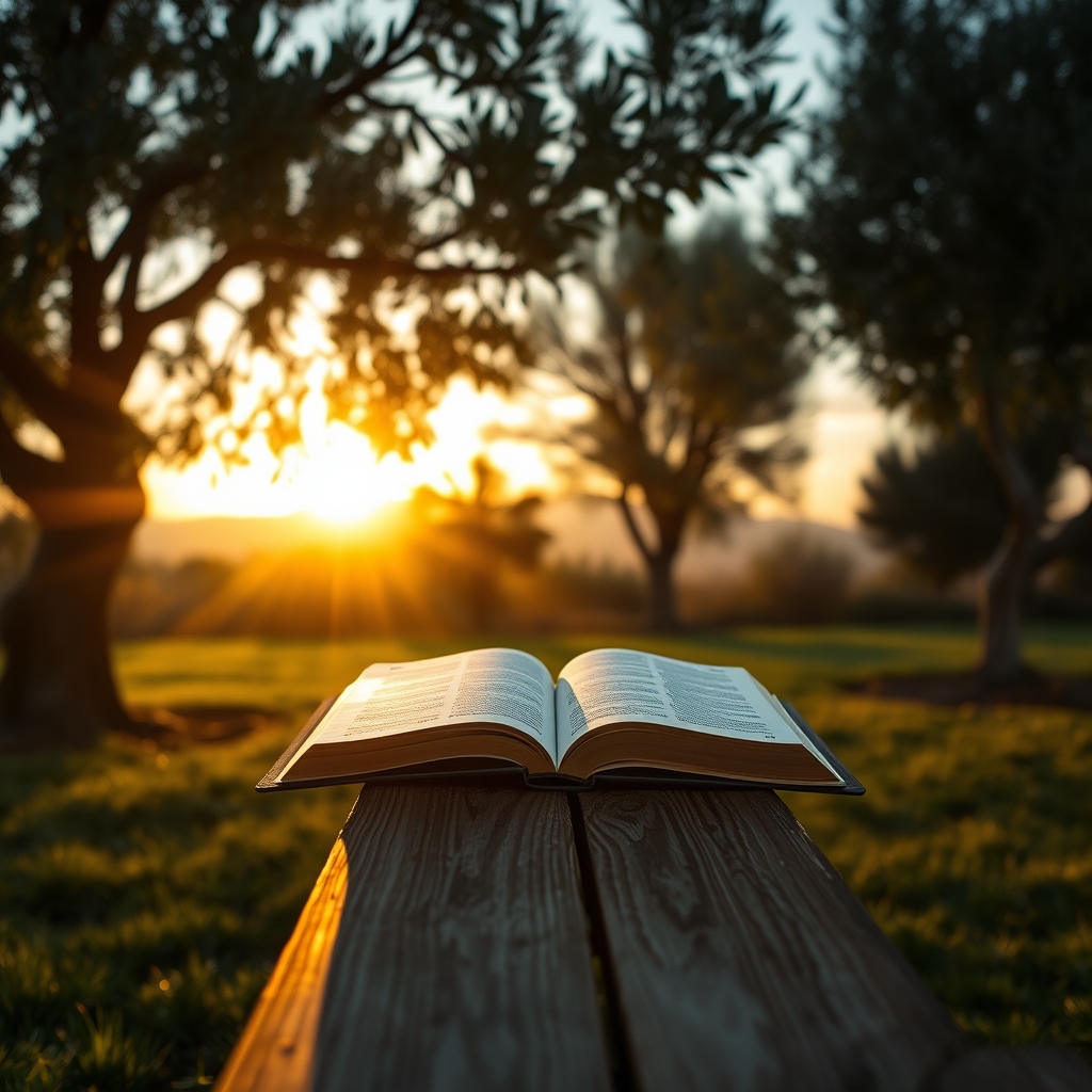A Bible resting on a wooden bench in a peaceful garden at sunrise with soft golden light
