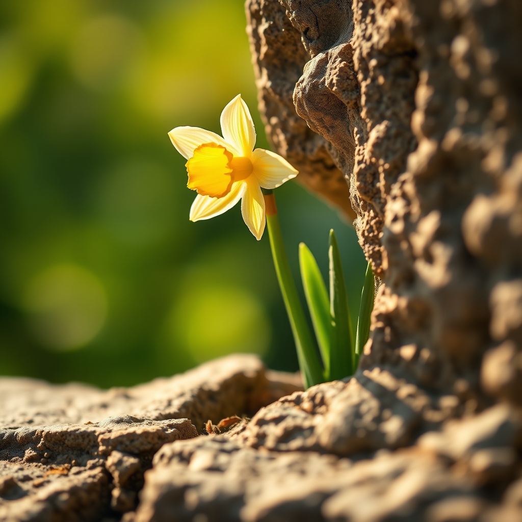 A blooming daffodil flower emerging from a crack in weathered stone, bathed in warm golden sunlight.