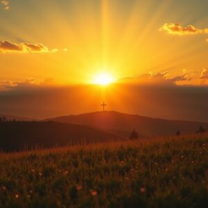 A breathtaking golden sunrise illuminates a peaceful countryside with a distant cross glowing against radiant clouds, symbolizing the divine majesty and lordship of Jesus Christ.