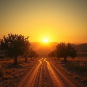 A breathtaking golden sunrise over an ancient landscape with olive trees, symbolizing the arrival of God's kingdom and the hope of the Gospel as described in Mark 1:14-15.
